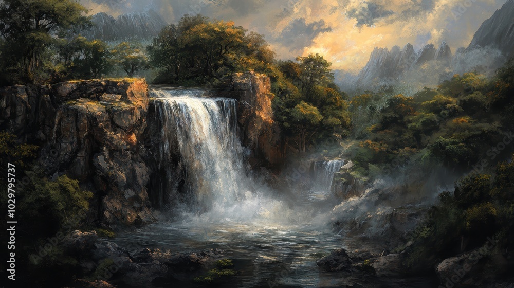 Fototapeta premium A cascading waterfall in a lush, misty forest.