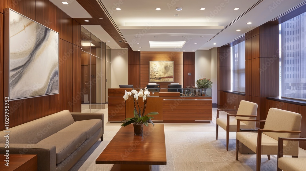 Modern Office Lobby with Wooden Accents Modern Office Lobby with Wooden Accents