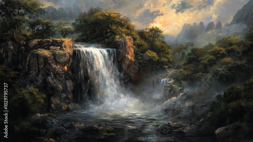 A cascading waterfall in a lush, misty forest.