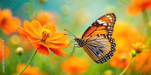 Vibrant butterfly on a bright orange Cosmos flower