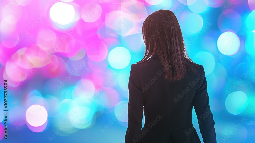 A young businesswoman gazes pensively over a blurred city skyline, contemplating her future and aspirations in life. A young businesswoman gazes pensively over a blurred city skyline, contemplating her future and aspirations in life.