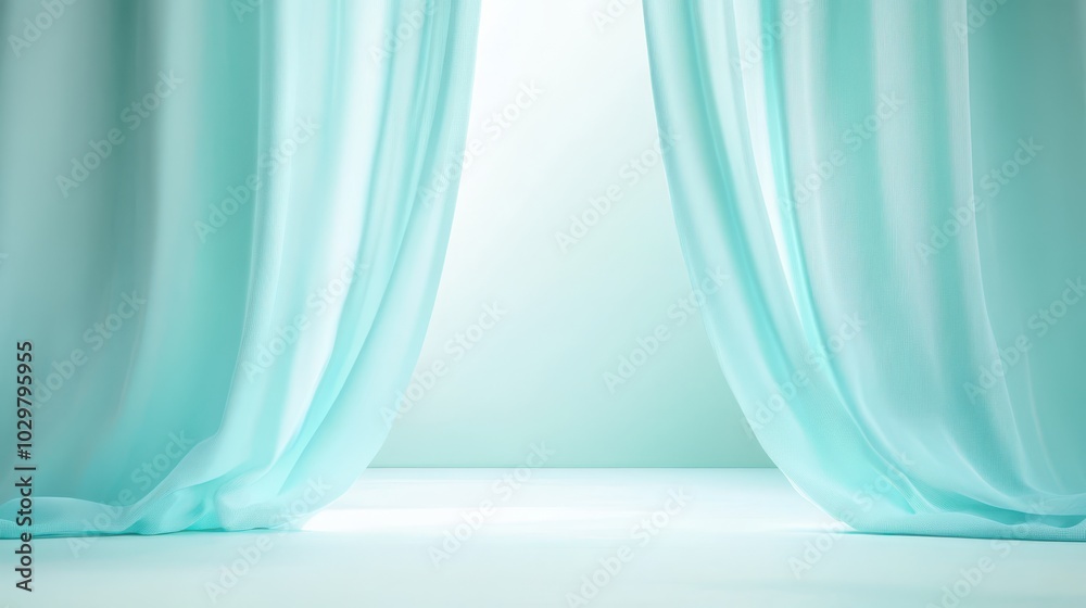 A curtain is open, revealing a white wall. The curtain is blue and white, and it is hanging from the ceiling. The scene is simple and minimalistic, with the curtain being the only element in the image A curtain is open, revealing a white wall. The curtain is blue and white, and it is hanging from the ceiling. The scene is simple and minimalistic, with the curtain being the only element in the image