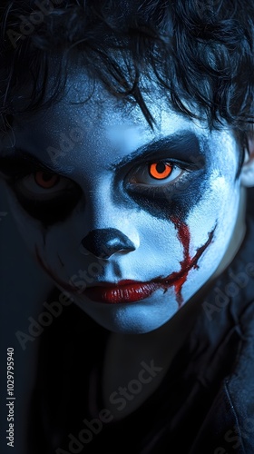 Boy make up as evil for halloween party, on a studio background