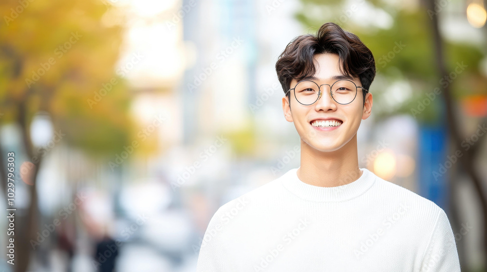 A cheerful young man in a white sweater beams with confidence outdoors, surrounded by a vibrant urban backdrop. A cheerful young man in a white sweater beams with confidence outdoors, surrounded by a vibrant urban backdrop.