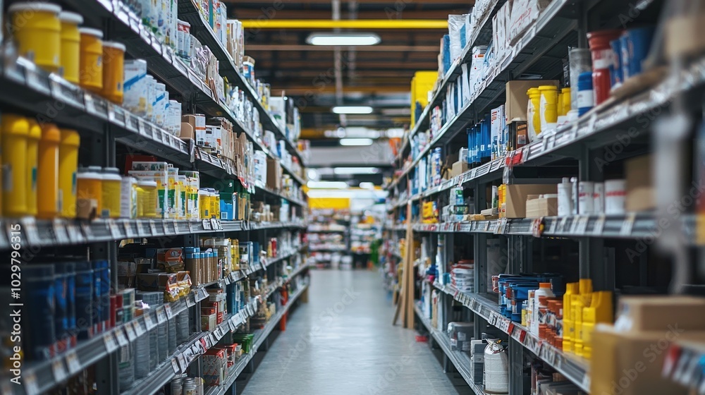 A hardware store aisle filled with construction materials. A hardware store aisle filled with construction materials.
