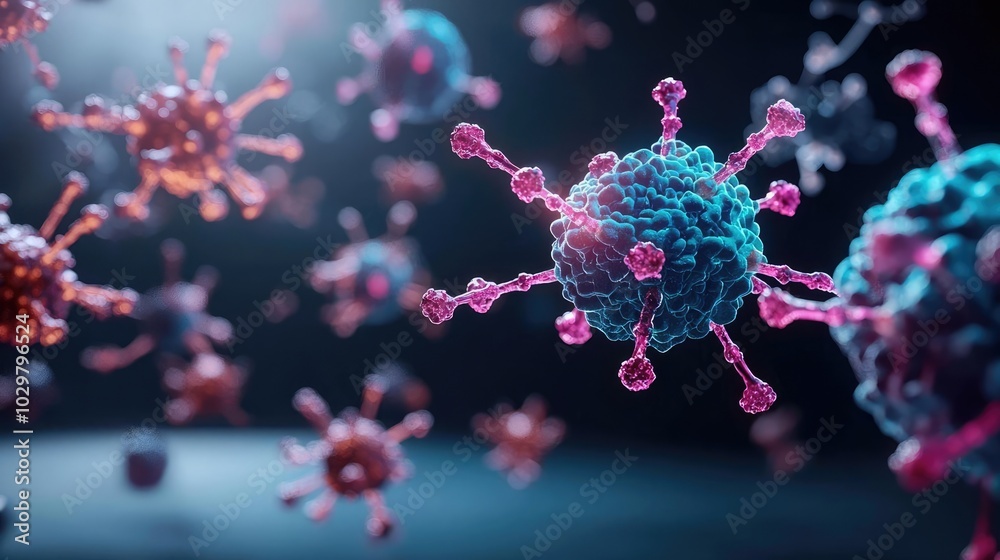 Colorful virus under microscope on dark background, 3D illustration. Colorful virus under microscope on dark background, 3D illustration.