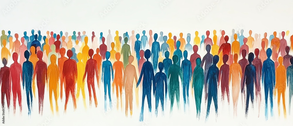 Dynamic diverse crowd of colorful stick figures, illustrating unity and inclusion in a cohesive design on a clean white background Dynamic diverse crowd of colorful stick figures, illustrating unity and inclusion in a cohesive design on a clean white background