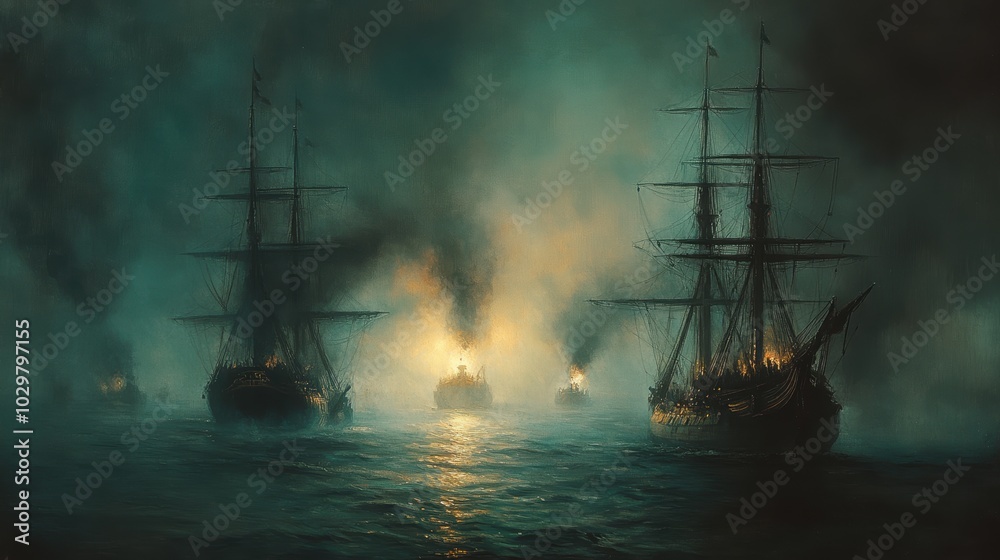 Ships sail through foggy sea at night. Ships sail through foggy sea at night.