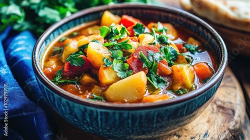 A bowl of hearty vegetable stew with potatoes, carrots, and tomatoes, topped with fresh parsley and served with a side of naan bread.