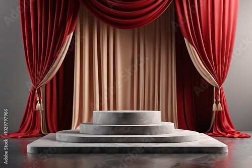 Luxorious podium with red curtain and White Marble for product display and mockup photo