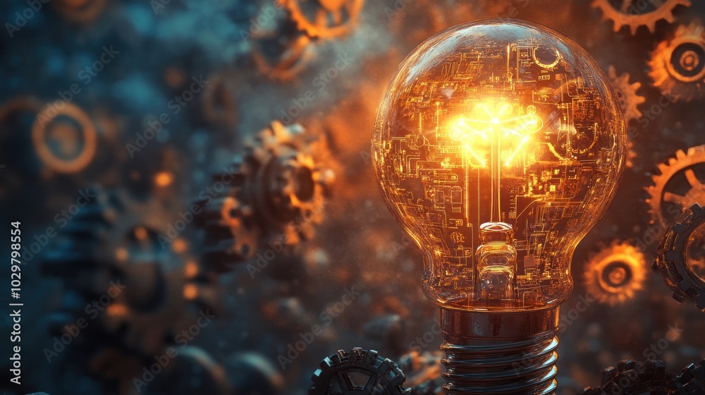 A glowing light bulb with a circuit board pattern inside, surrounded by gears and cogs.