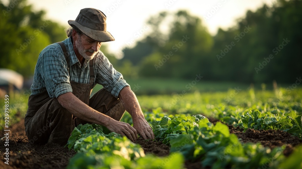 A candid shot of a farmer using organic methods in a field, focusing on sustainable agriculture practices. A candid shot of a farmer using organic methods in a field, focusing on sustainable agriculture practices.