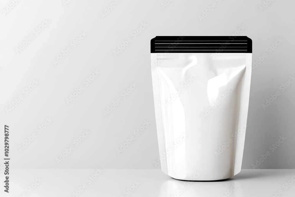 Minimalist white pouch with black lid sitting on a clean surface, ideal for packaging or branding design concepts.