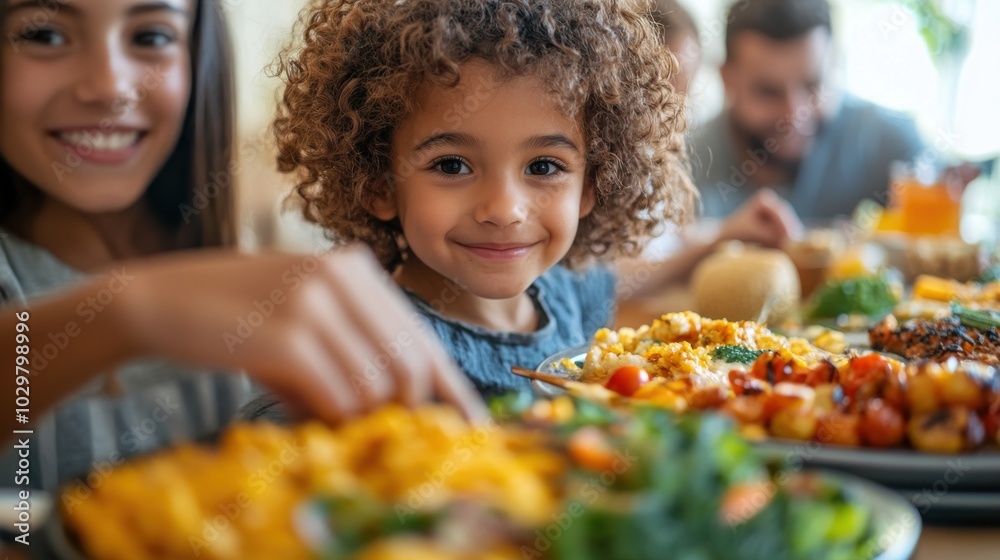 A close-up of a diverse family sharing a meal, hands reaching for dishes, with expressions of warmth and connection visible.