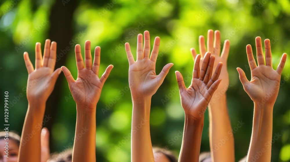 A close-up of a diverse group of hands raised in the air, symbolizing solidarity, activism, and collective action. A close-up of a diverse group of hands raised in the air, symbolizing solidarity, activism, and collective action.