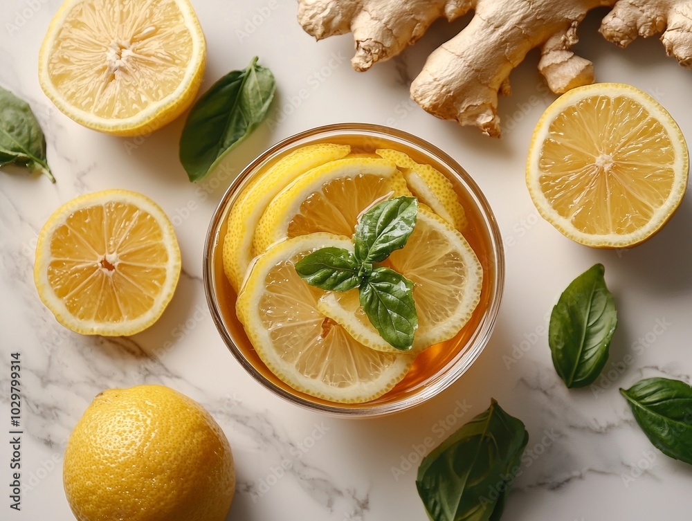 Refreshing Cup of Lemon Ginger Tea with Fresh Ingredients on a Light Background - ai Refreshing Cup of Lemon Ginger Tea with Fresh Ingredients on a Light Background - ai