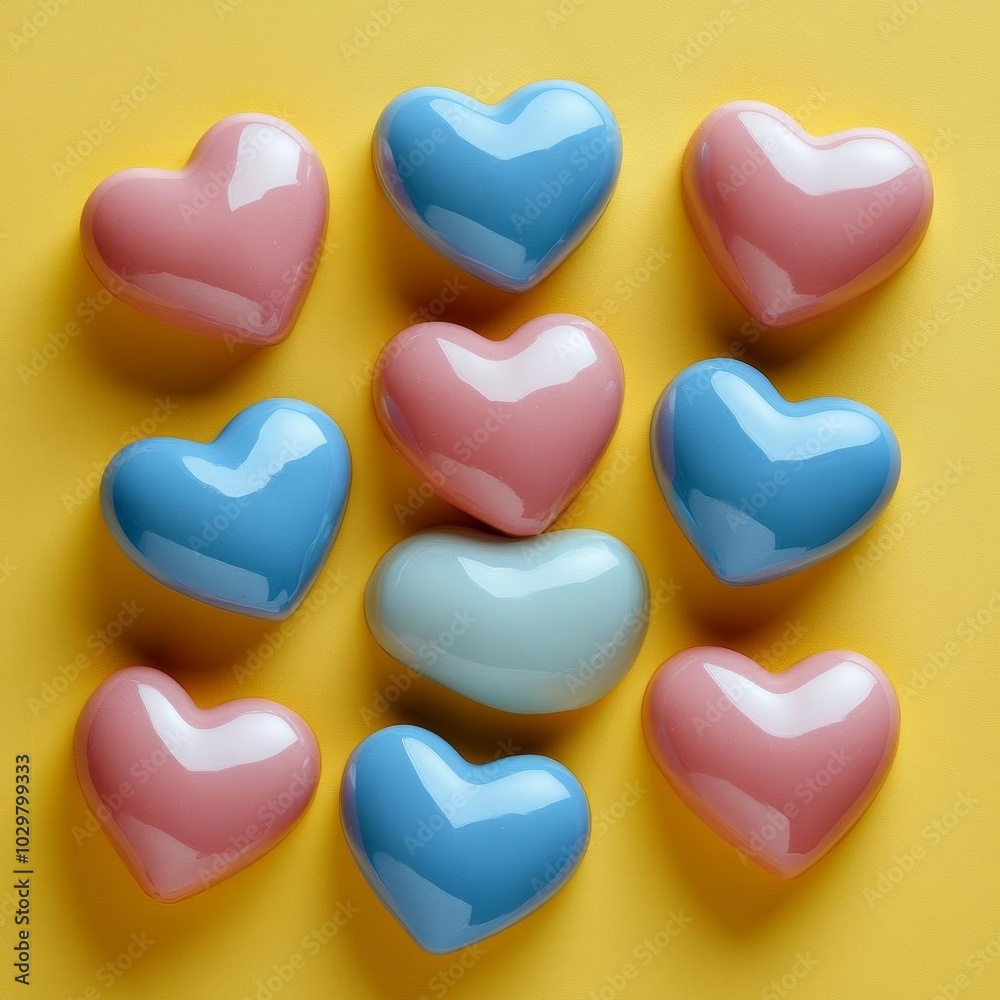 Colorful heart-shaped candies on vibrant yellow. Colorful heart-shaped candies on vibrant yellow.