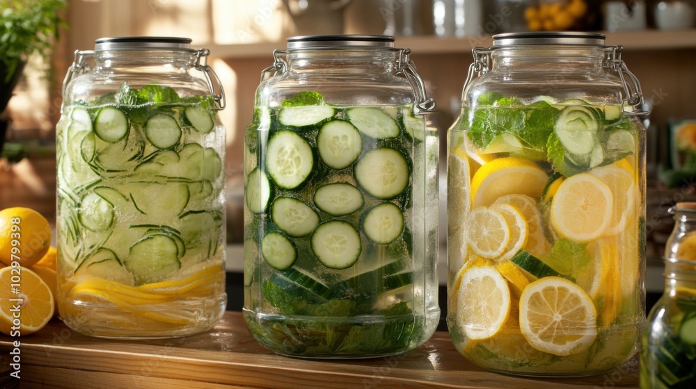 Fresh homemade infused water with cucumber and lemon in glass jars Fresh homemade infused water with cucumber and lemon in glass jars