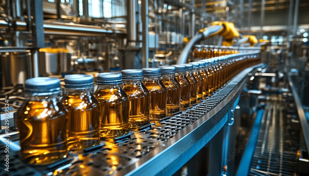 Naklejka premium Gleaming stainless steel machinery in an automated beverage production line, showcasing precise robotic arms and high industrial efficiency in action