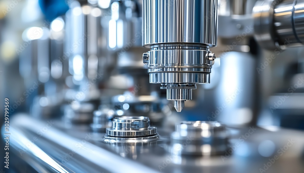 Gleaming stainless steel machinery in an automated beverage production line, showcasing precise robotic arms and high industrial efficiency in action Gleaming stainless steel machinery in an automated beverage production line, showcasing precise robotic arms and high industrial efficiency in action