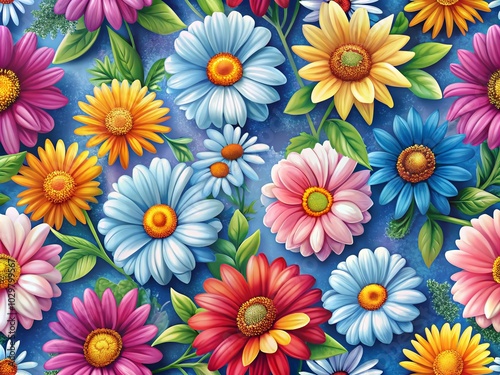 Cute Floral Pattern of Daisies on Blue Background for Seamless Textiles and Wallpapers