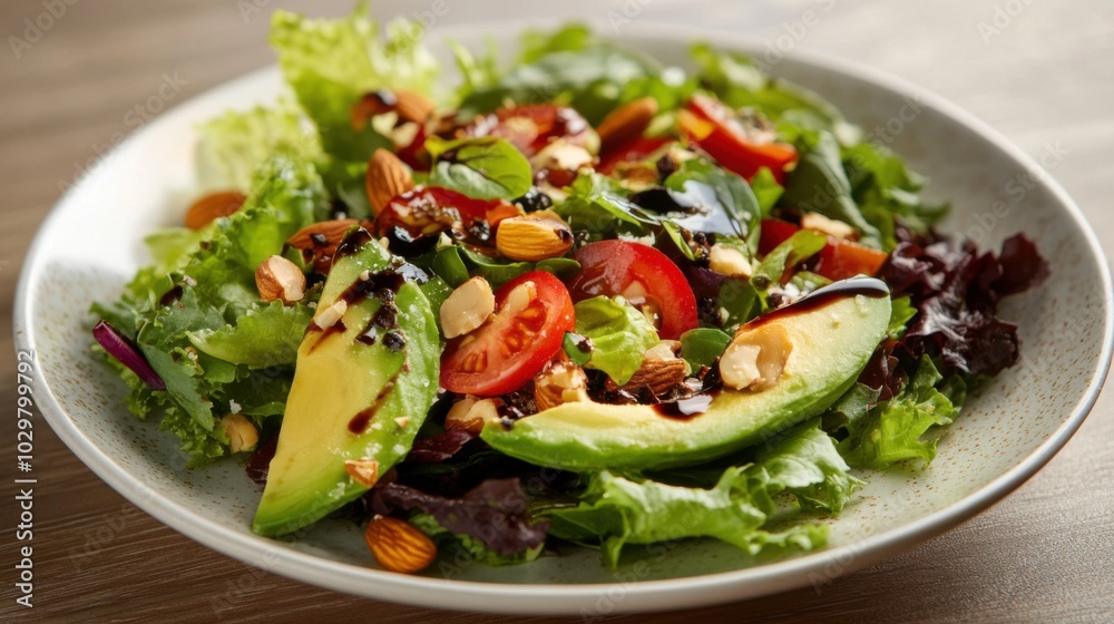 Fresh healthy salad with avocado, tomatoes, and nuts on a plate Fresh healthy salad with avocado, tomatoes, and nuts on a plate