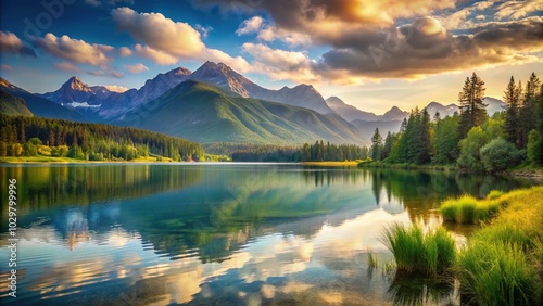 Romantic summer landscape with lake and mountains using Forced Perspective effect