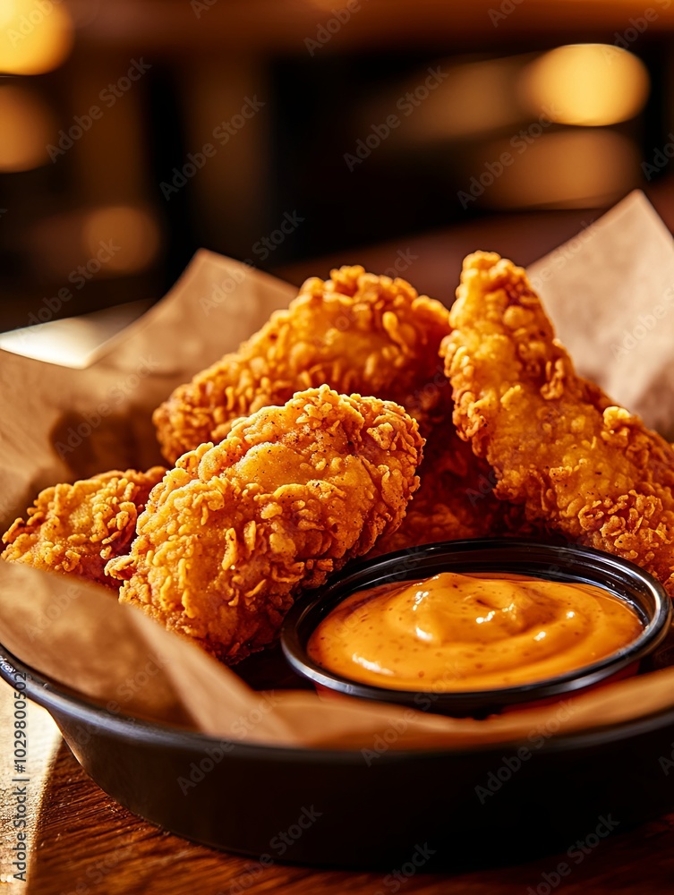 Crispy fried chicken with dipping sauce in a basket Crispy fried chicken with dipping sauce in a basket