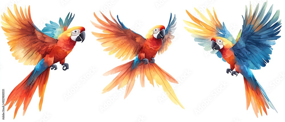 Obraz premium A lively set of cartoon tropical parrots with vivid colors and intricate details of wings and beaks, set against a bright white background