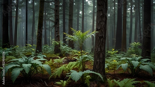 A single fern grows in the center of a dense forest, surrounded by other ferns and tall trees. The forest floor is covered in fallen leaves, and the air is thick with mist.