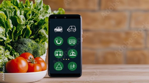 Smartphone displaying eco-friendly transport icons and fresh vegetables on a table. photo