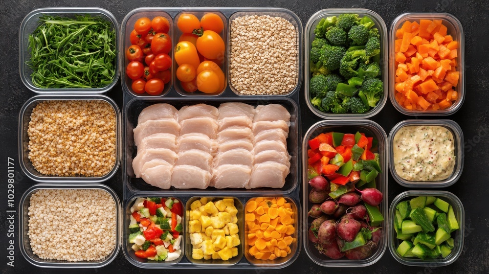 Healthy meal prep with various ingredients in containers including chicken, vegetables, and grains Healthy meal prep with various ingredients in containers including chicken, vegetables, and grains