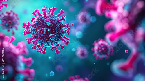 Colorful illustration of a virus with intricate details and a blurred background.