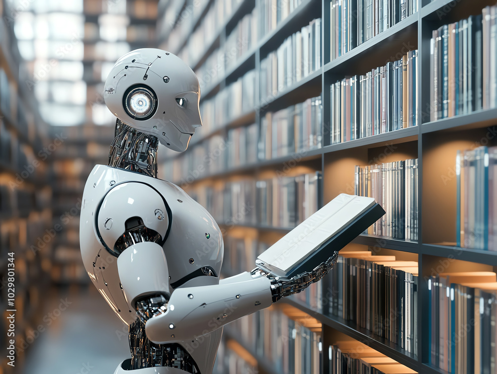 A futuristic robot examining a book in a modern library filled with shelves of books, highlighting technology and knowledge. A futuristic robot examining a book in a modern library filled with shelves of books, highlighting technology and knowledge.