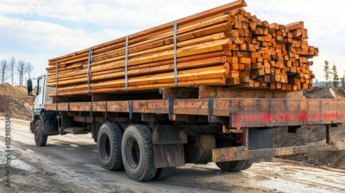 A flatbed truck loaded with building materials such as lumber, pipes, and beams.