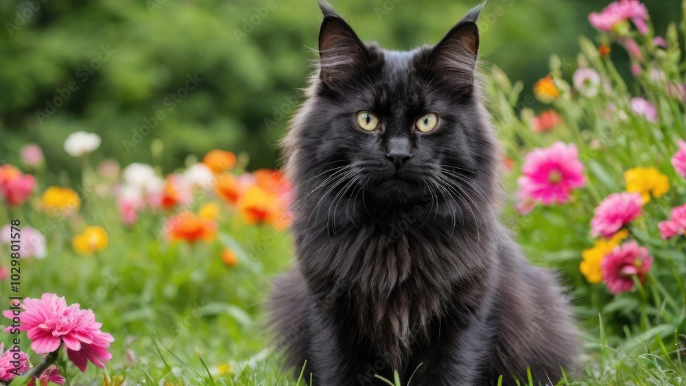 Black maine coon cat in flower field Black maine coon cat in flower field