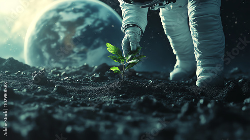 Astronaut planting a small green plant on the surface of the moon with Earth in the background, symbolizing growth and hope in space exploration.
