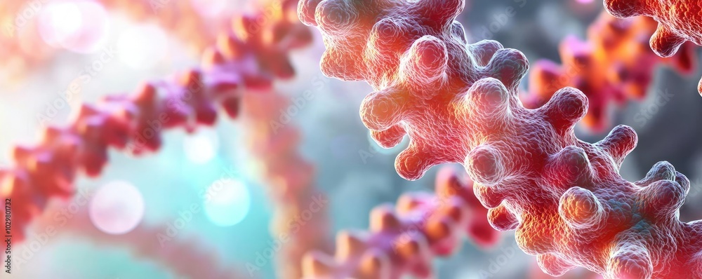Close-up view of colorful, intricate DNA strands on a blurred background. Close-up view of colorful, intricate DNA strands on a blurred background.