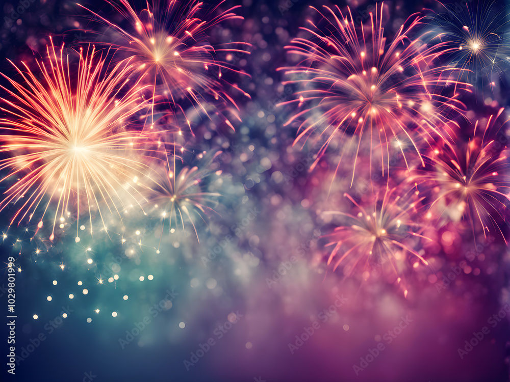 Fototapeta premium Fireworks at New Year and copy space - abstract holiday background