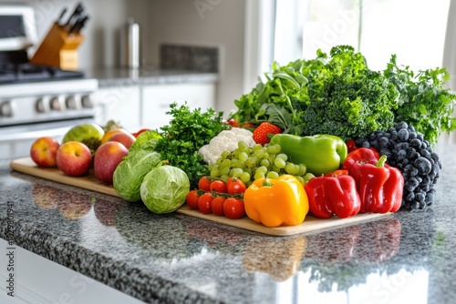 A clean eating grocery shopping haul, displayed on a kitchen counter, featuring a variety of fresh photo