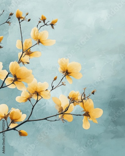 Vintage Inspired Floral Illustration on Soft Blue Background