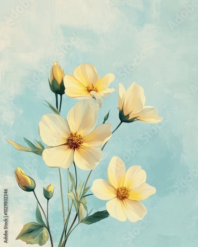 Vintage Inspired Floral Illustration on Soft Blue Background