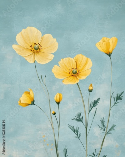 Vintage Inspired Floral Illustration on Soft Blue Background