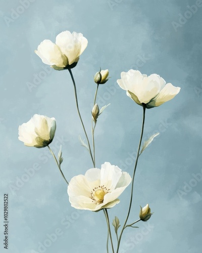 Vintage Inspired Floral Illustration on Soft Blue Background