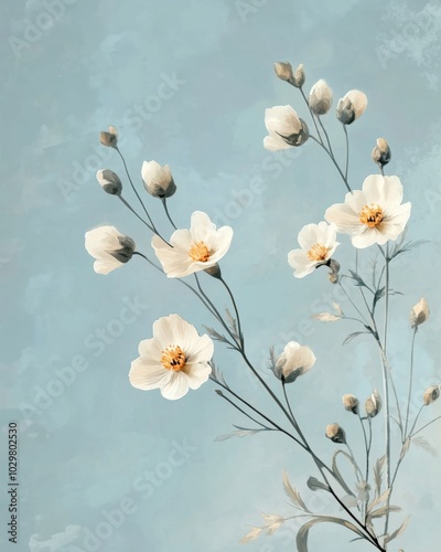 Vintage Inspired Floral Illustration on Soft Blue Background
