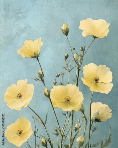 Vintage Inspired Floral Illustration on Soft Blue Background