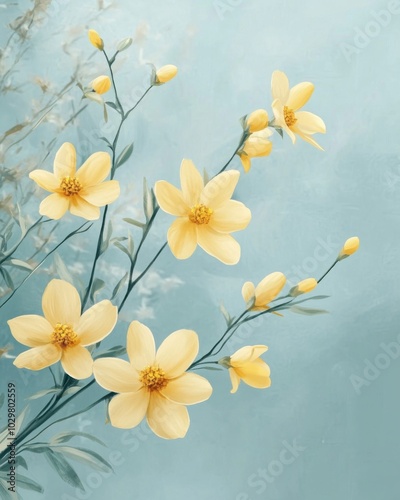 Vintage Inspired Floral Illustration on Soft Blue Background