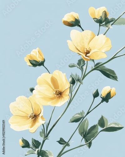 Vintage Inspired Floral Illustration on Soft Blue Background