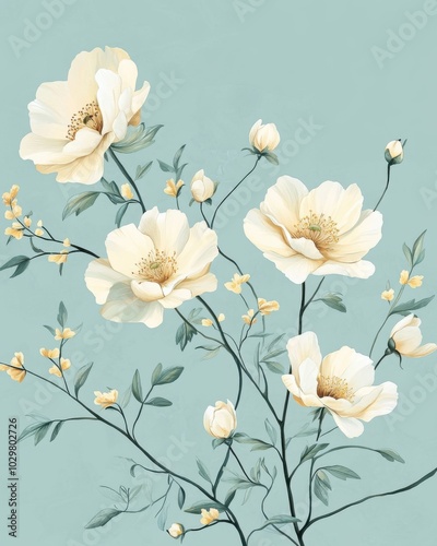 Vintage Inspired Floral Illustration on Soft Blue Background