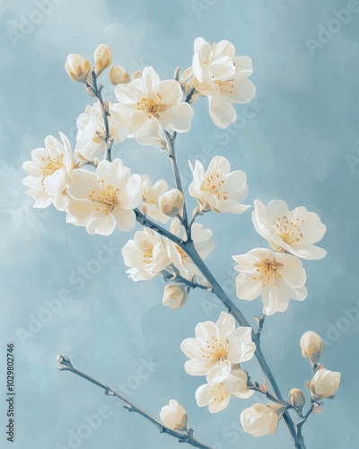 Vintage Inspired Floral Illustration on Soft Blue Background